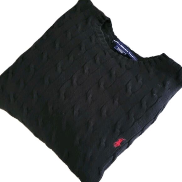 Vtg Ralph Lauren Cable Knit Sweater Womens XL Black Red Pony Preppy Career - Picture 1 of 15
